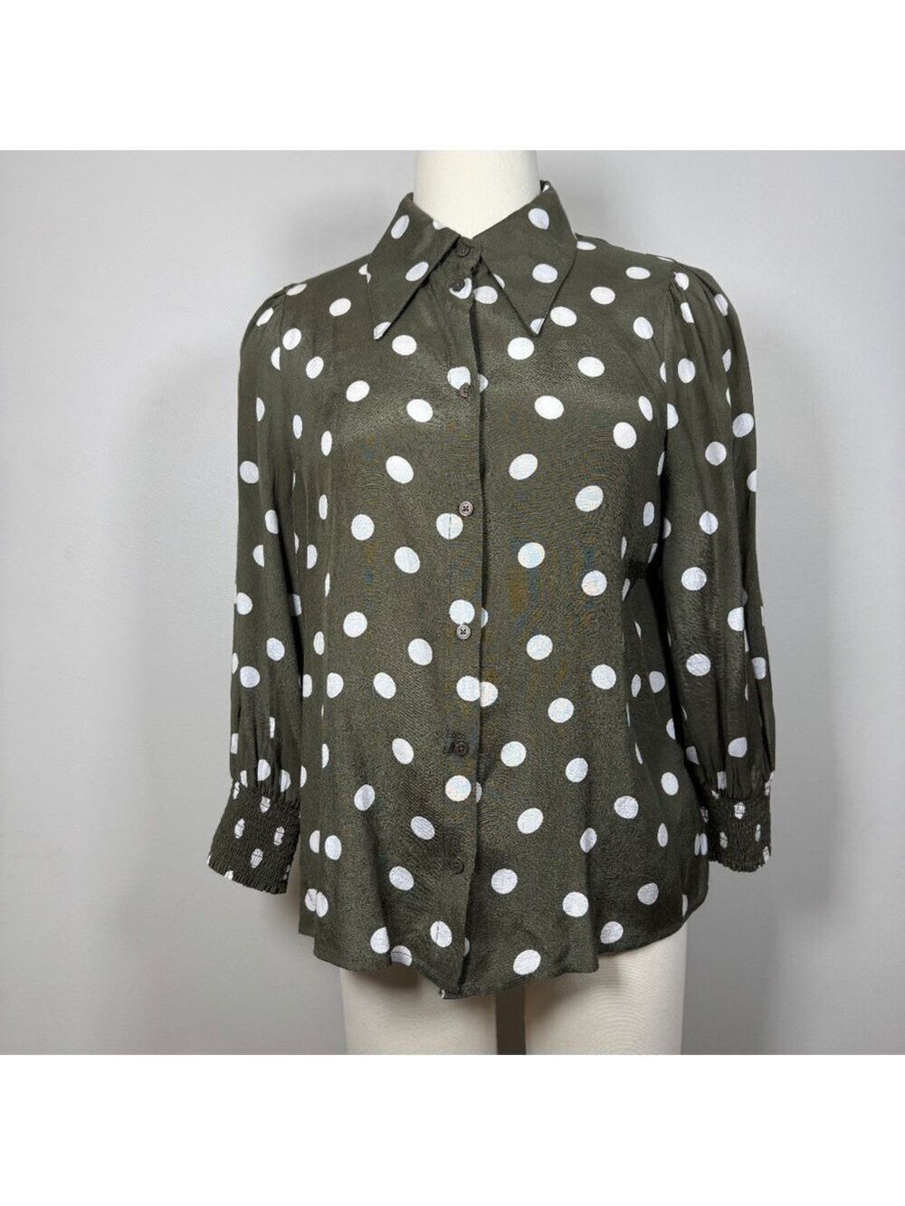 Kaffe Chic Olive Green Polka Dot Button Down Shirt size 36 Small-Medium - Picture 4 of 10